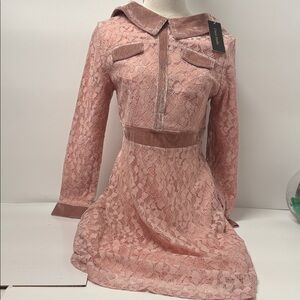 NWT Cercei Studio Pink Lace/Corduroy mini dress 33” long 16” pit-2-pit 15” wide